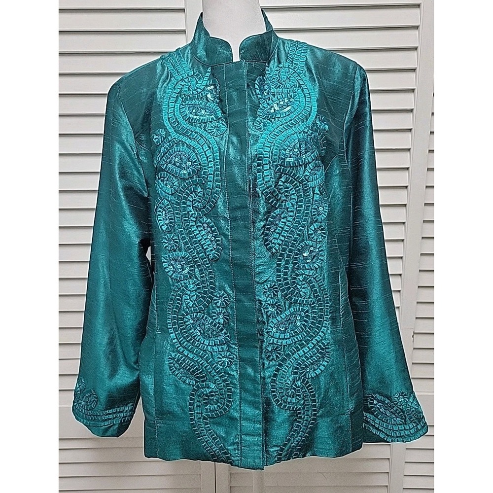 Chico's Size 2 12/14 Deep Emerald Twirling Applique Tiena Jacket Long Sleeve EUC